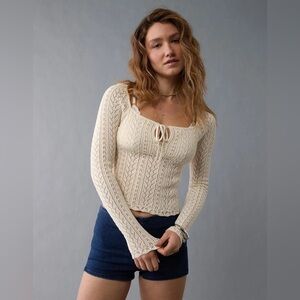 American Eagle Square Neck Open Knit Sweater in Cream